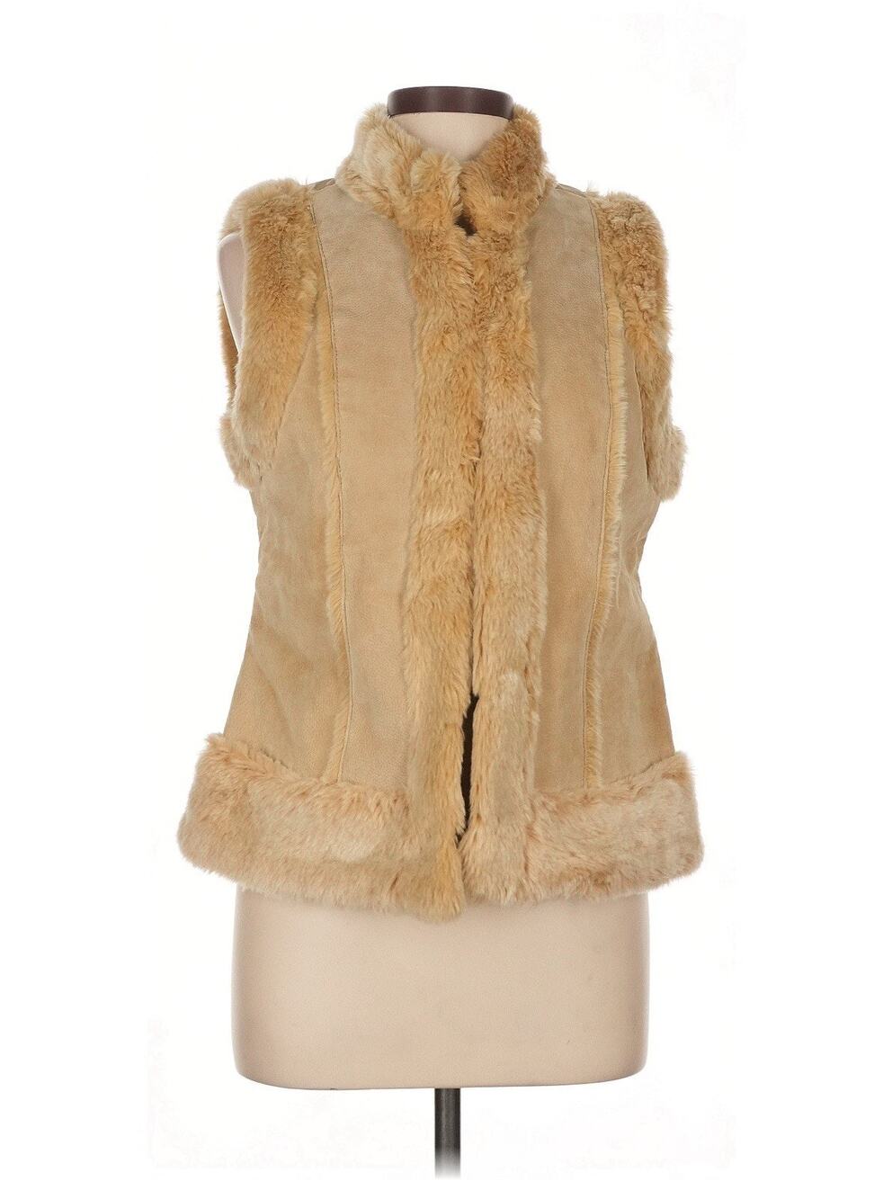 VTG Live a Little Leather Suede Vest Faux Fur Trim Boho Y2K Tan L